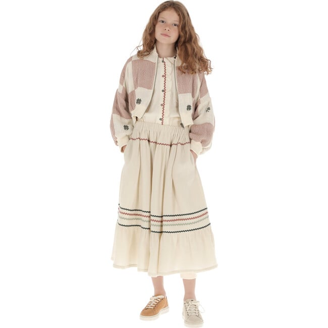 Muslin Zig-Zag Trim Trim Long Skirt, Beige - Skirts - 6