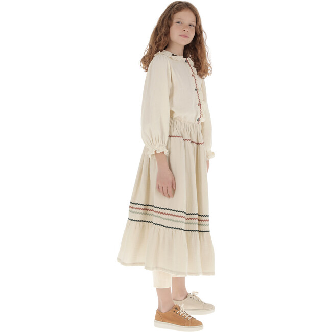 Muslin Shamrock Zig-Zag Trim Embroidered Blouse, Beige - Blouses - 6