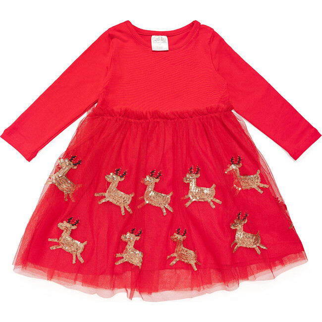 Reindeer Sequin Christmas Long Sleeve Tutu Dress, Red