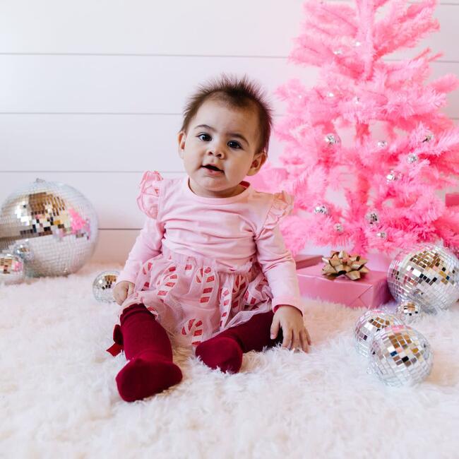 Candy Cane Christmas Long Sleeve Tutu Bodysuit, Pink - Onesies - 3