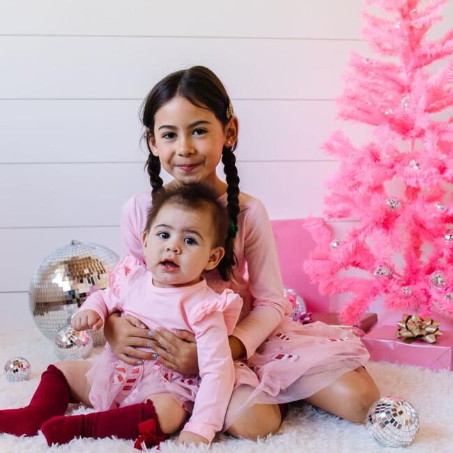 Candy Cane Christmas Long Sleeve Tutu Bodysuit, Pink - Onesies - 4