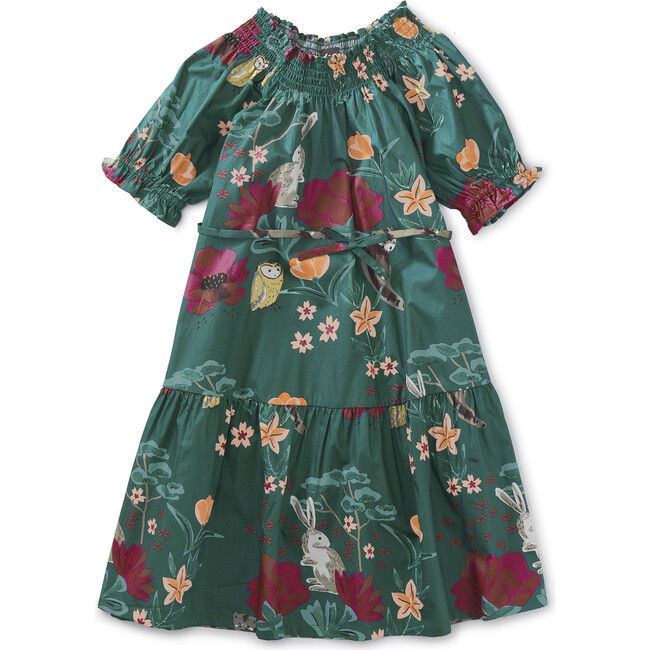 Puff Sleeve Tie Waist Dress, Forest Floral In Green