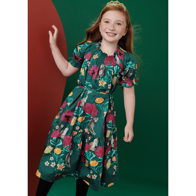 Puff Sleeve Tie Waist Dress, Forest Floral In Green - Dresses - 4