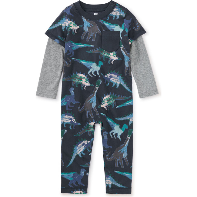 Layered Sleeve Baby Romper, Watercolor Dinosaurs