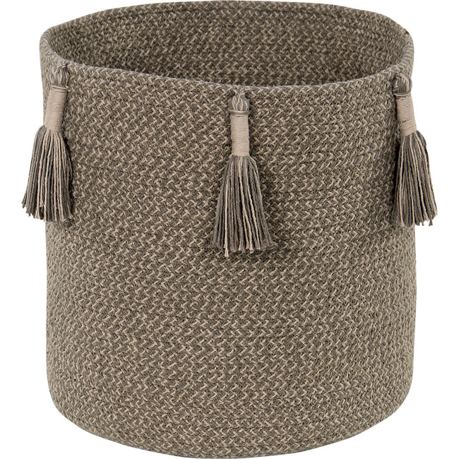 Woody 2-Shade Woven Round Basket With Tassels, Soil Brown