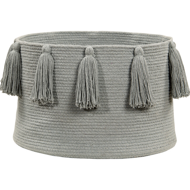 Braided Circular Basket With Tassels, Light Grey