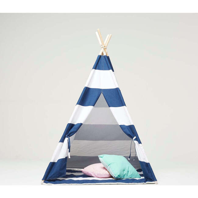 Striped Play Tent With Cushion, Blue & White - Play Tents - 3