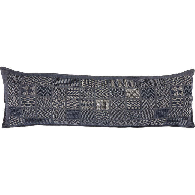 Hand Loomed Cotton Lumbar Pillow, Indigo Blocks