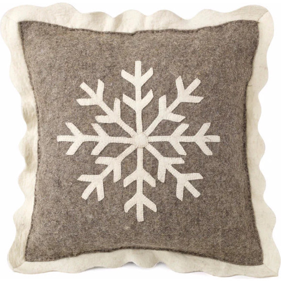 Handmade Christmas Pillow in Hand Felted Wool - Big Snowflake on Gray - 20"