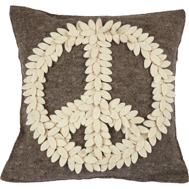 Wool Peace Sign Pillow, Cream and Grey