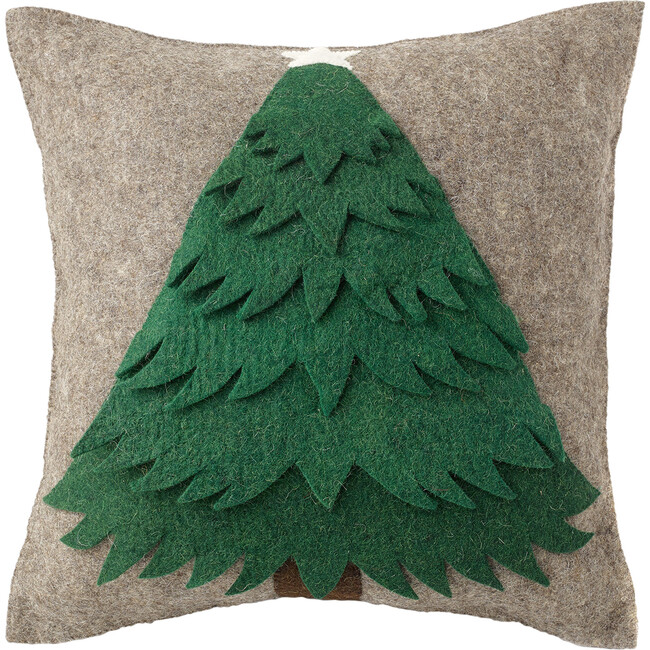 Handmade Christmas Pillow in Hand Felted Wool - Green Tree on Gray - 20"