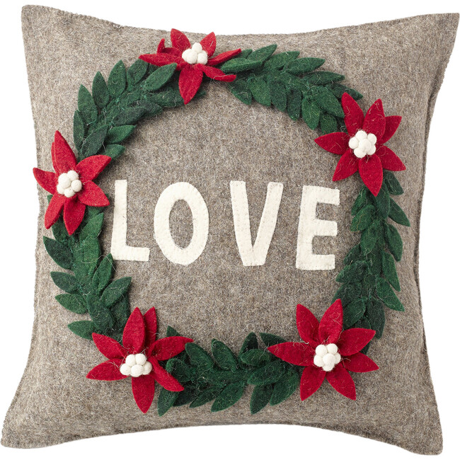 Handmade Pillow in Hand Felted Wool - LOVE Wreath on Gray - 20"