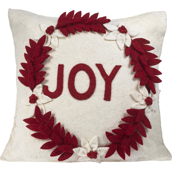 Hand Felted Wool Christmas Pillow - JOY Wreath on Cream - 20"