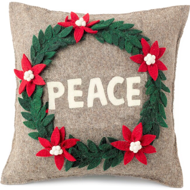 Hand Felted Wool Christmas Pillow - PEACE Wreath in Natural Gray - 20"