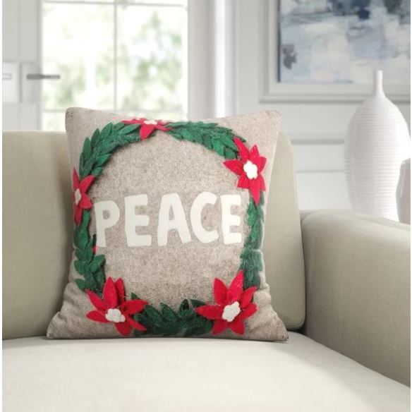 Hand Felted Wool Christmas Pillow - PEACE Wreath in Natural Gray - 20" - Decorative Pillows - 2