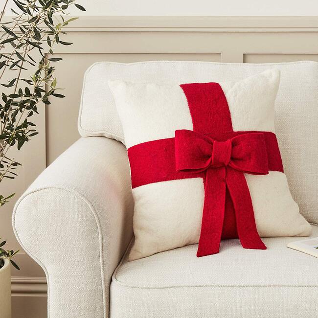 Red Bow on Cream - Christmas Pillow Cover in Hand Felted Wool - 20" - Decorative Pillows - 2