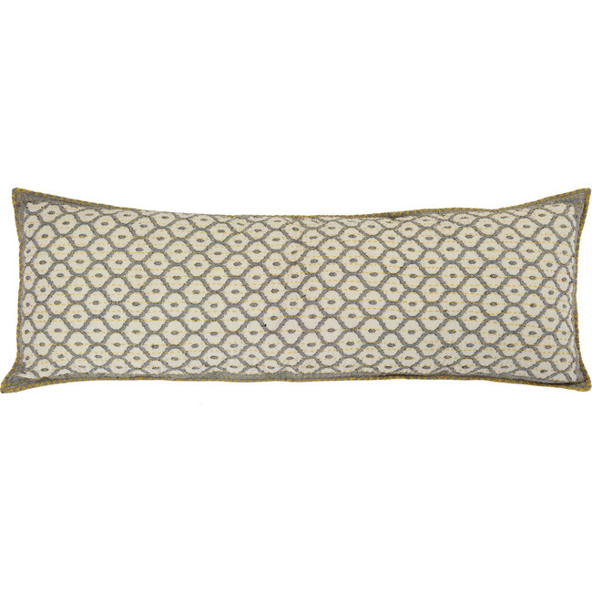 Hand Loomed Cotton Lumbar Pillow, Gray with Yellow Stitching