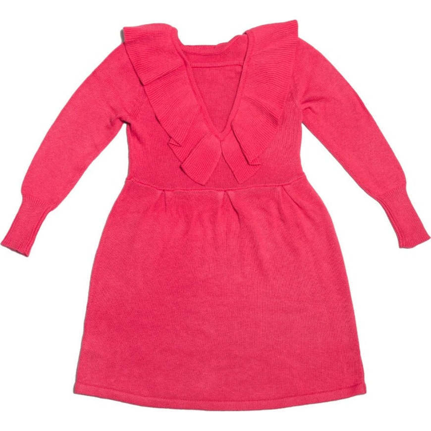 Ruffled Front Round Neck Long Puff Sleeve Dress, Raspberry - Dresses - 1