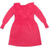 Ruffled Front Round Neck Long Puff Sleeve Dress, Raspberry - Dresses - 1 - thumbnail