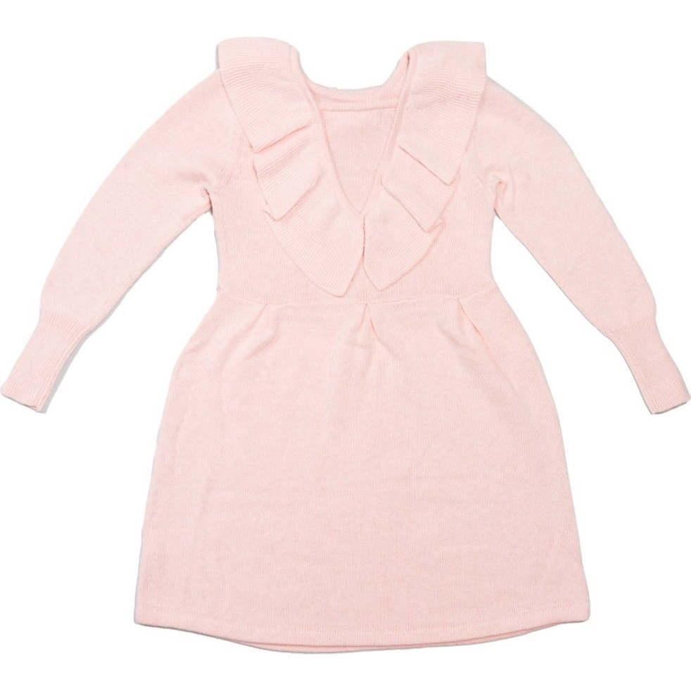 Ruffled Front Round Neck Long Puff Sleeve Dress, Blush - Dresses - 1