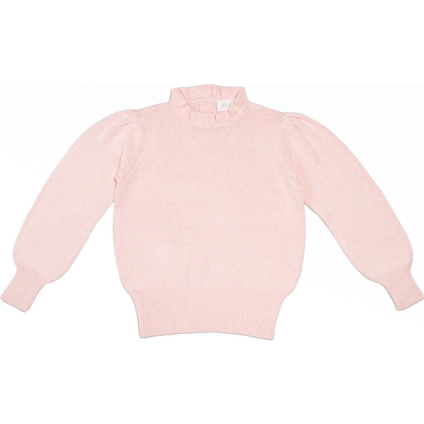 Ruffle Collar Ribbed Hem Long Puff Sleeve Jumper, Blush - Sweaters - 1