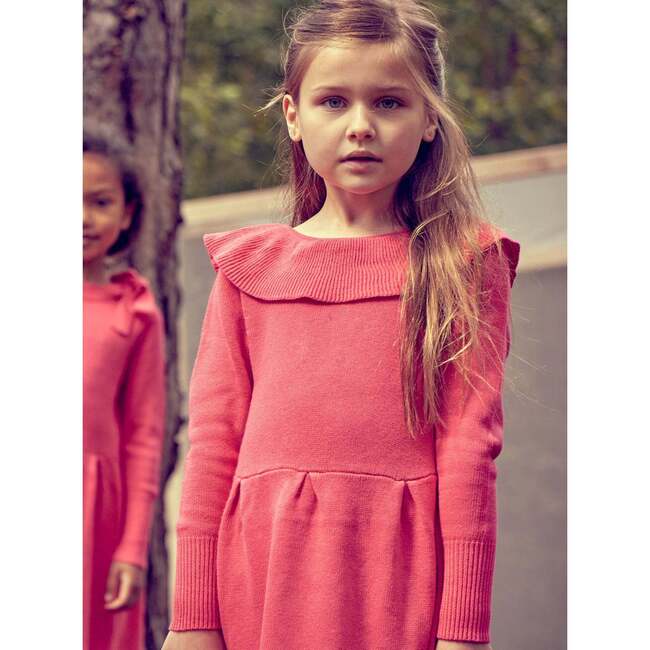 Ruffled Front Round Neck Long Puff Sleeve Dress, Raspberry - Dresses - 2