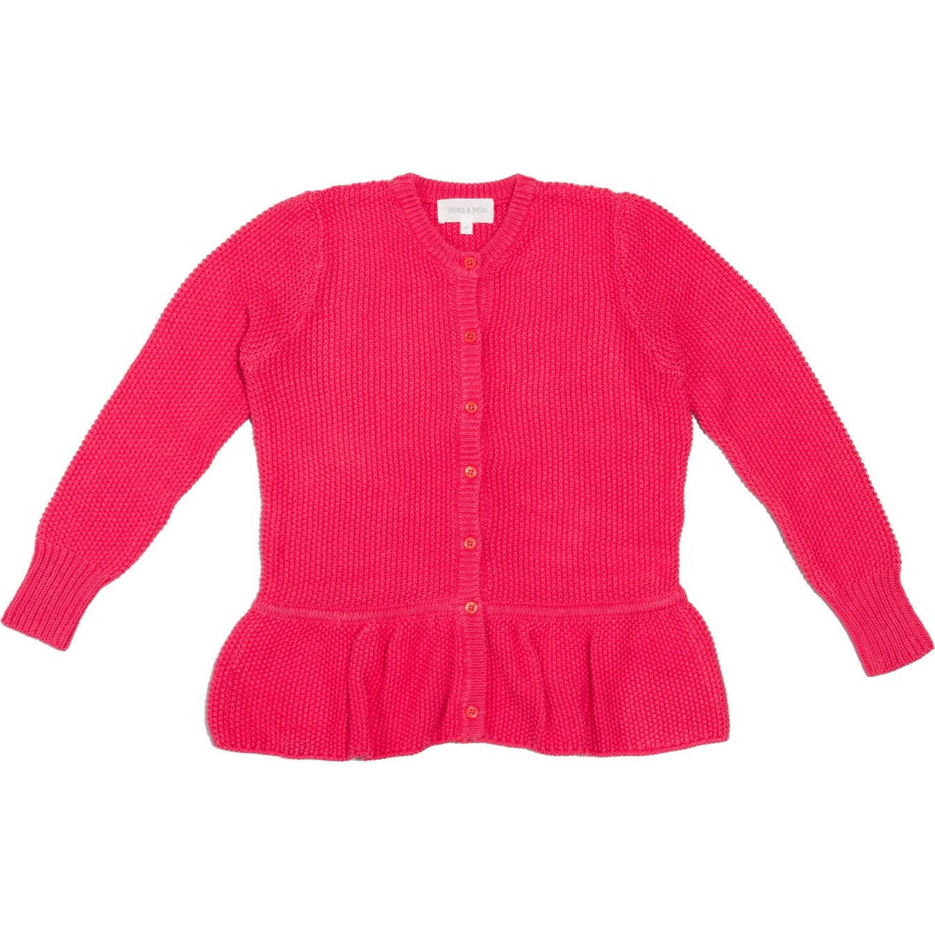 Moss Stitch Knit Ribbed Neck Buttoned Peplum Jacket, Raspberry - Cardigans - 1