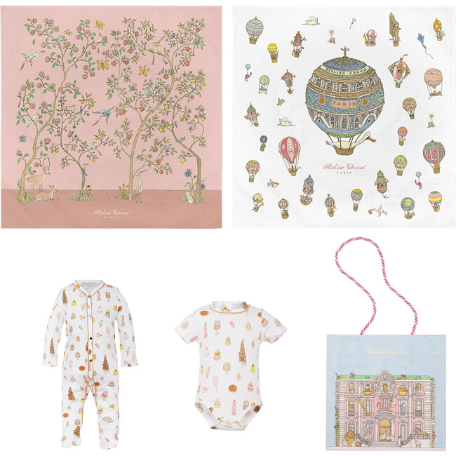 Onesie, Playsuit & Blanket Gift Set, Pink Blue Carre In Bloom, Carre Hot Air Balloons & Sweetie Pie