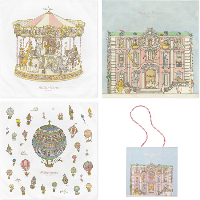 Trio Carre 100 x 100 cm Blanket Set, Monceau Mansion, Hot Air Balloons & Carousel Pink
