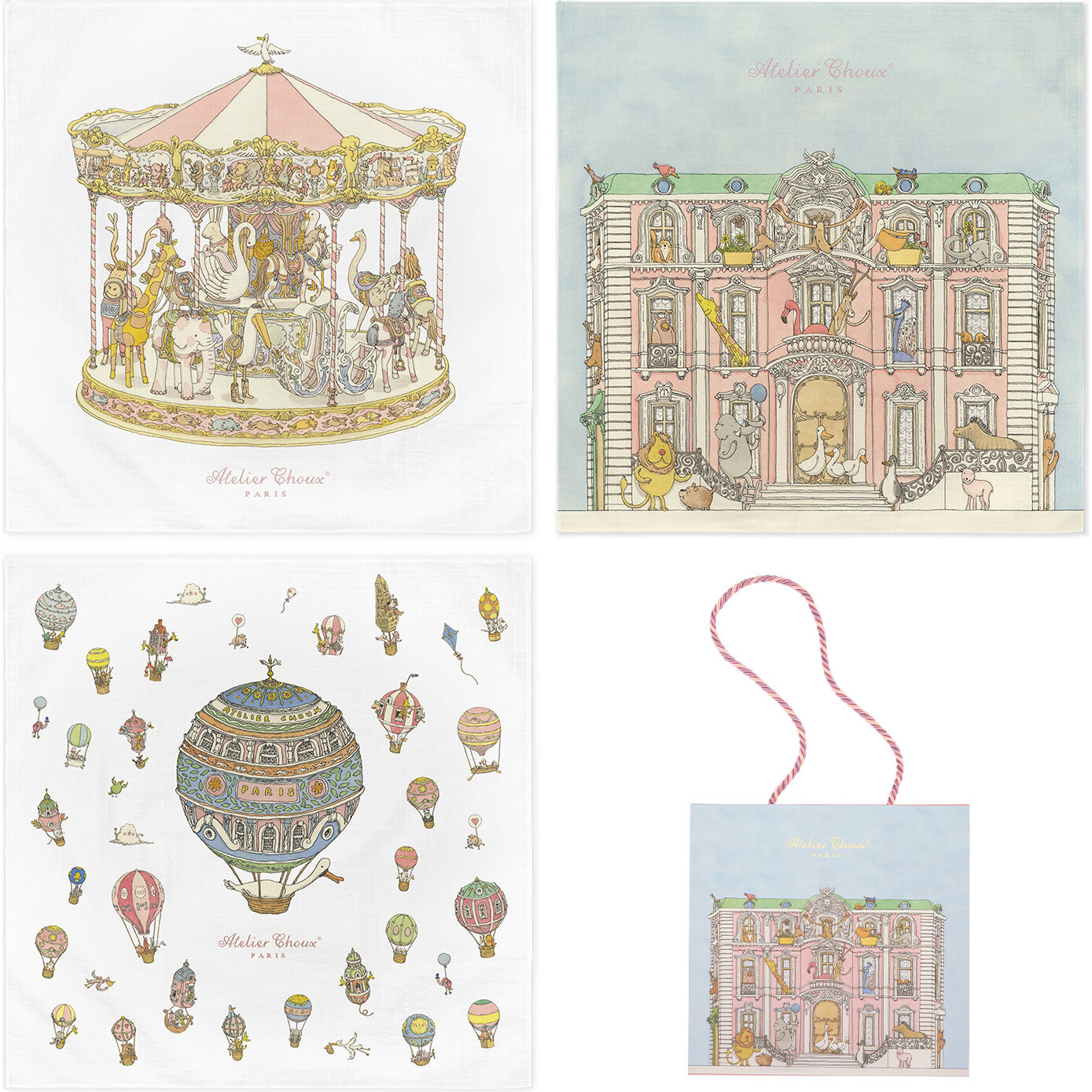 Trio Carre 100 x 100 cm Blanket Set, Monceau Mansion, Hot Air Balloons & Carousel Pink - Swaddles - 1
