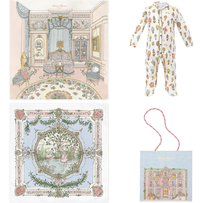 French Style Playsuit & Blanket Gift Set, Carre French Bedroom, Carre Tapestry Original & Balloons
