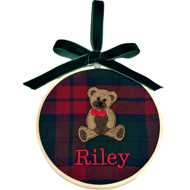 Custom Embroidered Plaid Ornament, Teddy Bear