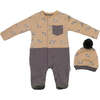 Zebra Pocket Babysuit & Hat, Beige - Bodysuits - 1 - thumbnail