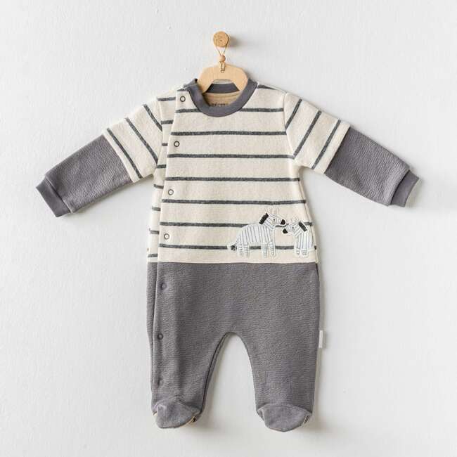 Zebra Striped Babysuit, Grey - Bodysuits - 2