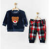Teddy Graphic Plaid Outfit, Navy - Mixed Apparel Set - 2