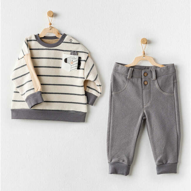 Striped Pocket Outfit, Beige - Mixed Apparel Set - 2