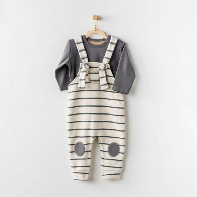 Striped Overalls Outfit, Beige - Mixed Apparel Set - 2