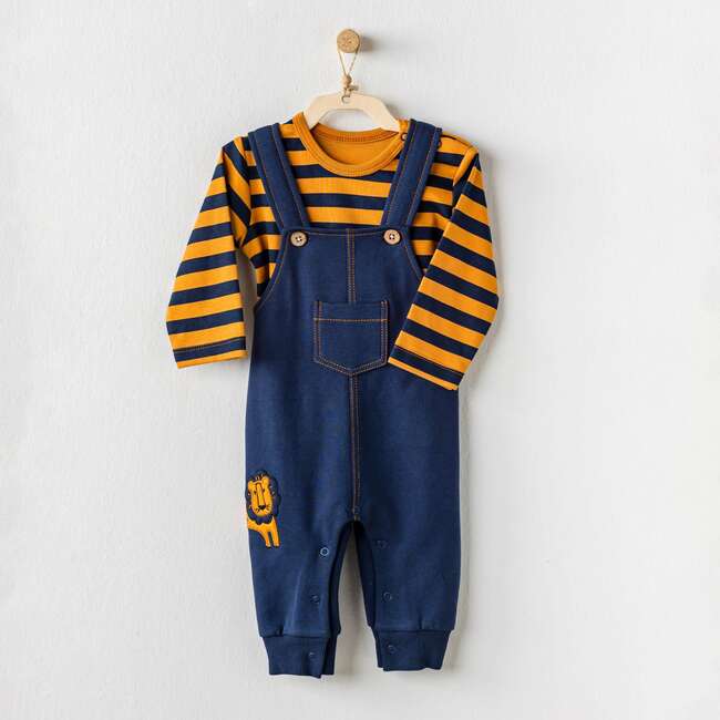 Striped Tiger Overalls Outfit, Navy - Mixed Apparel Set - 2