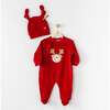 Reindeer Embroidered Babysuit & Hat, Red - Bodysuits - 2