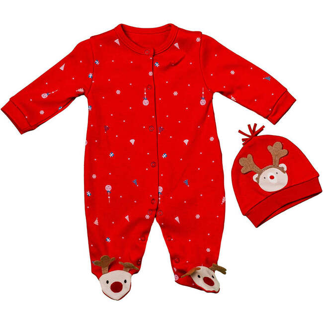 Holiday Print Babysuit & Hat, Red