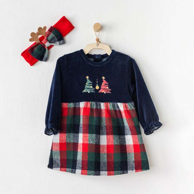 Holiday Plaid Dress, Navy - Dresses - 2