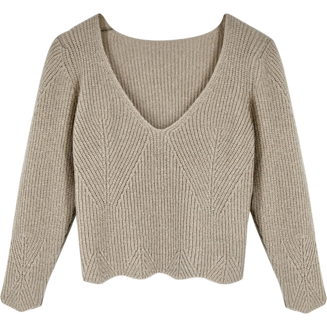 Women's Bellagio V-Neck Scalloped Trim Sweater, Taupe