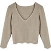 Women's Bellagio V-Neck Scalloped Trim Sweater, Taupe - Sweaters - 1 - thumbnail