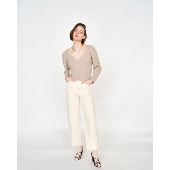 Women's Bellagio V-Neck Scalloped Trim Sweater, Taupe - Sweaters - 3