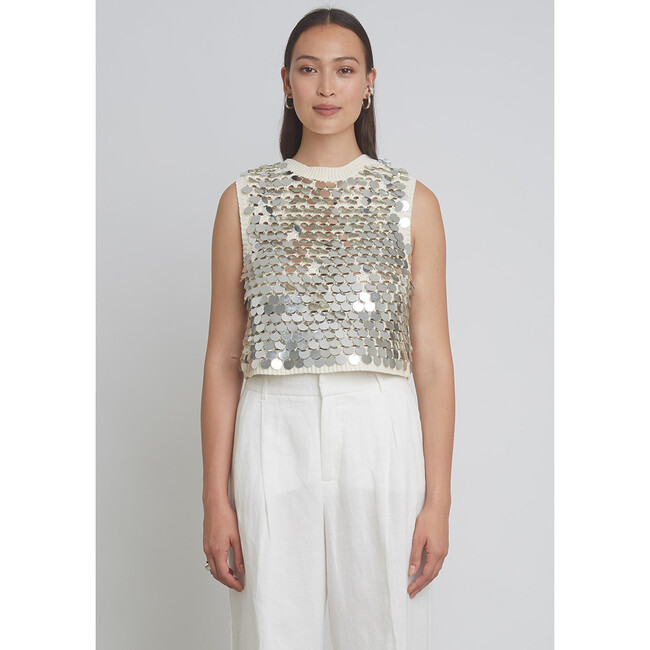 Women's Cora Crew Neck Sequins Sweater Tank, Ivory & Silver - Blouses - 2