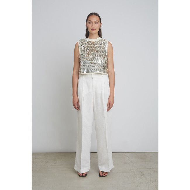 Women's Cora Crew Neck Sequins Sweater Tank, Ivory & Silver - Blouses - 3