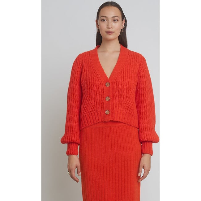 Women's Sara Blouson Sleeve Cardigan, Tomato - Sweaters - 2