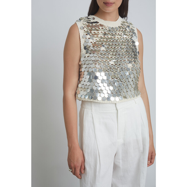 Women's Cora Crew Neck Sequins Sweater Tank, Ivory & Silver - Blouses - 5