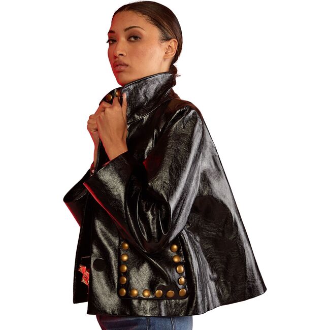 Women's Vegan Leather Cropped Studded Jacket, Black
