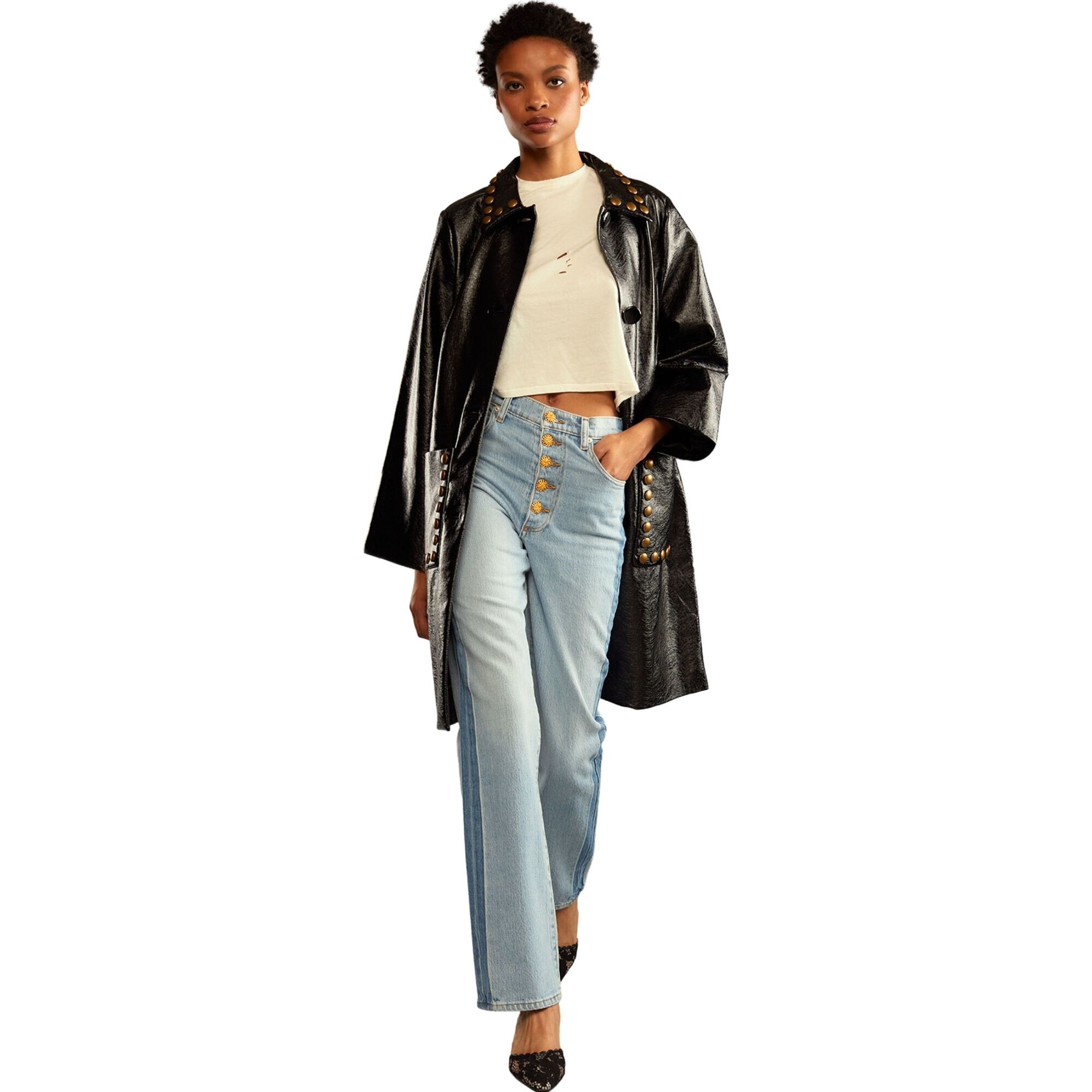 Women's Studded Vegan Leather Coat, Patent Black - Coats - 1